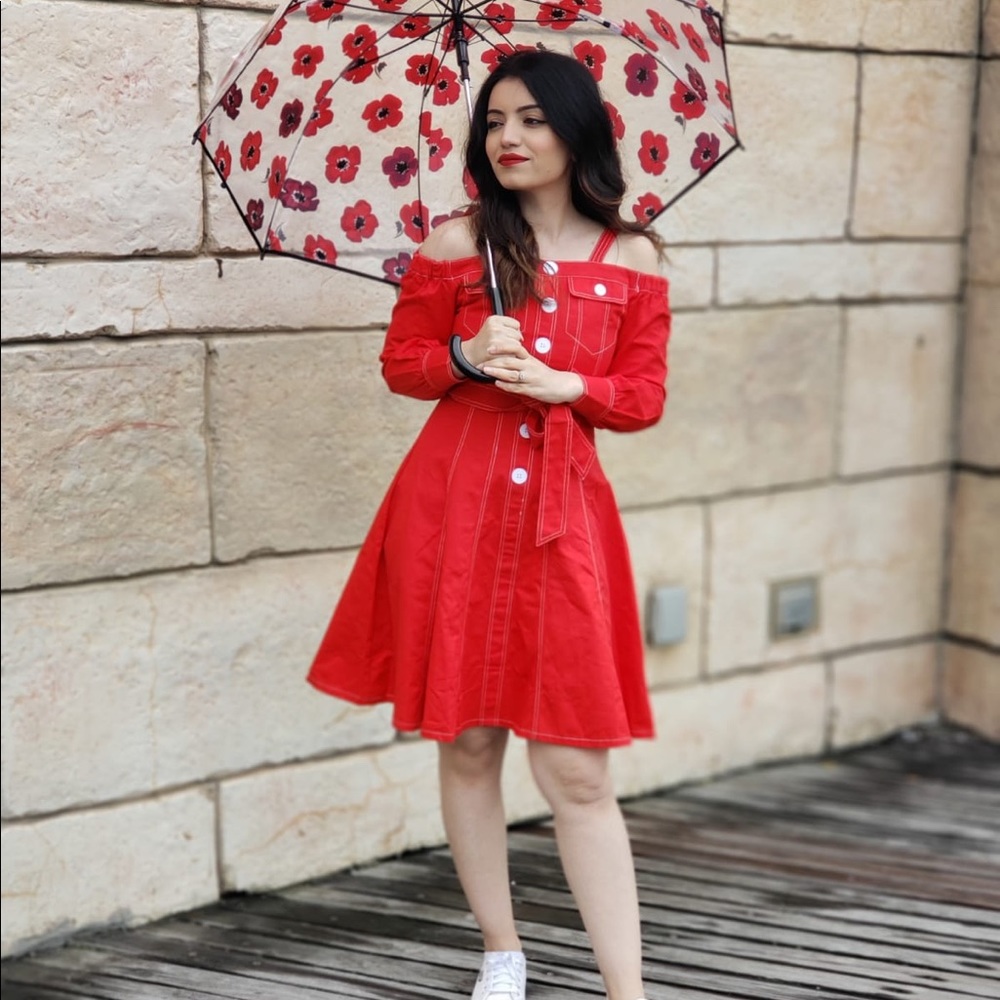 Red denim cold shoulder dress
